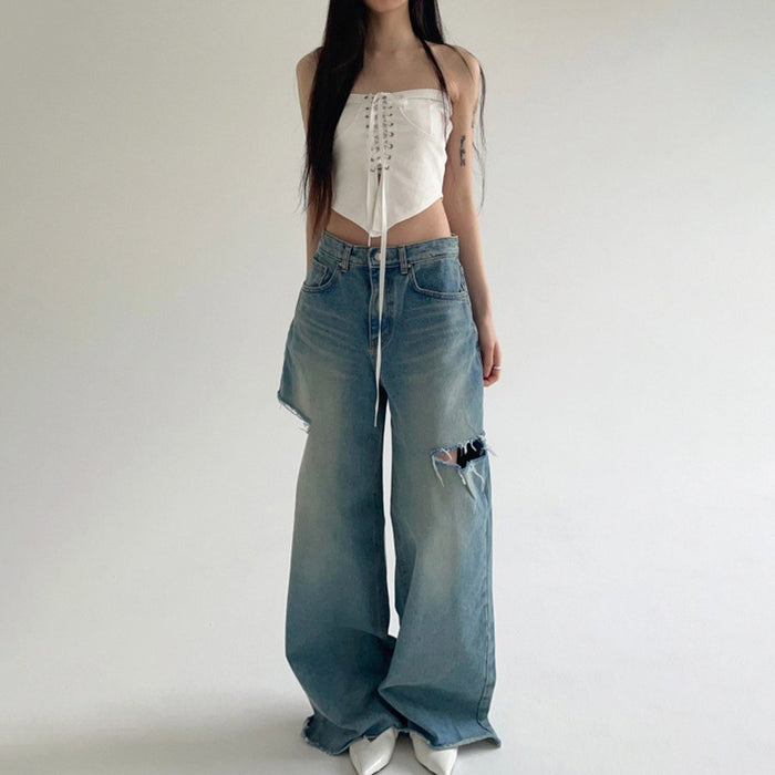 Loose Ripped Jeans Women Water Blue Draping Slim Fit High Waist Wide Leg Pants Casual Trousers Summer