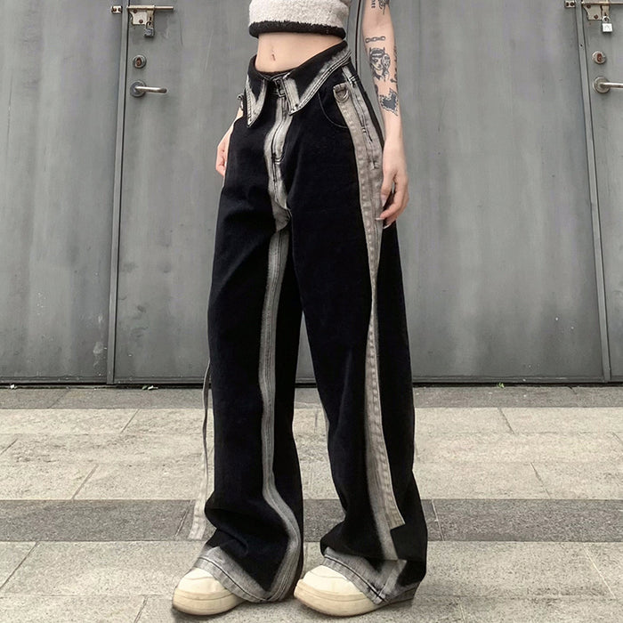 Casual Low Waist Flanging Tie Dyed Contrast Color Jeans Trendy Belt Slimming Straight Pants Trousers