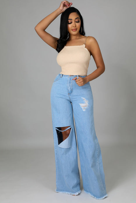 Elastic Ripped Elastic Waist Jeans Wide Leg Pants Women