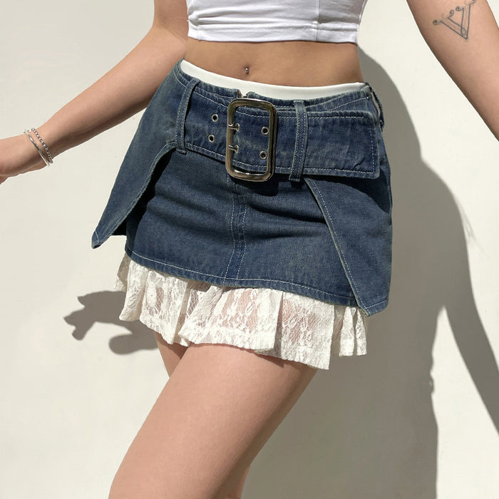 Street Sexy Personality Big Belt Buckle Denim Ultra Short Sheath Skirt