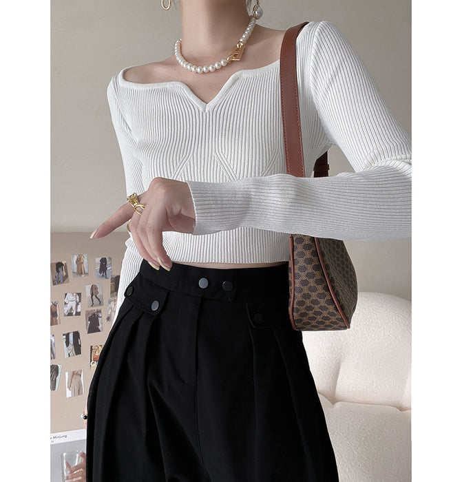 Petal Collar Short Sweater for Women Autumn Slim Fit Collarbone Bottoming Shirt