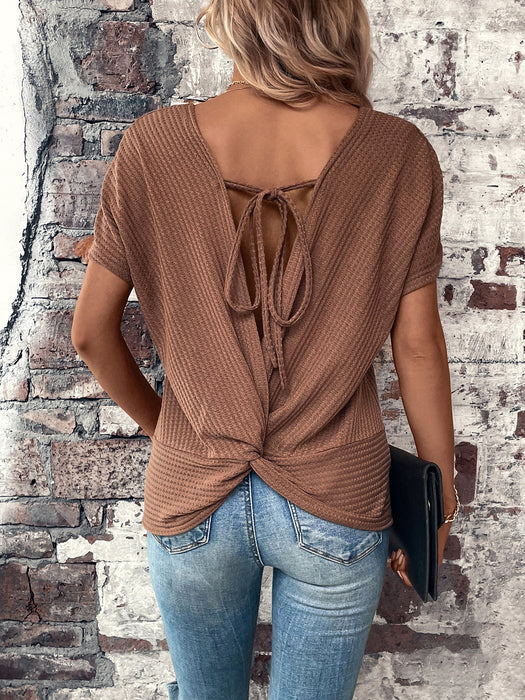 Summer Loose Slimming Knitted Bottoming Shirt Round Neck Tied Backless Top Women Clothing