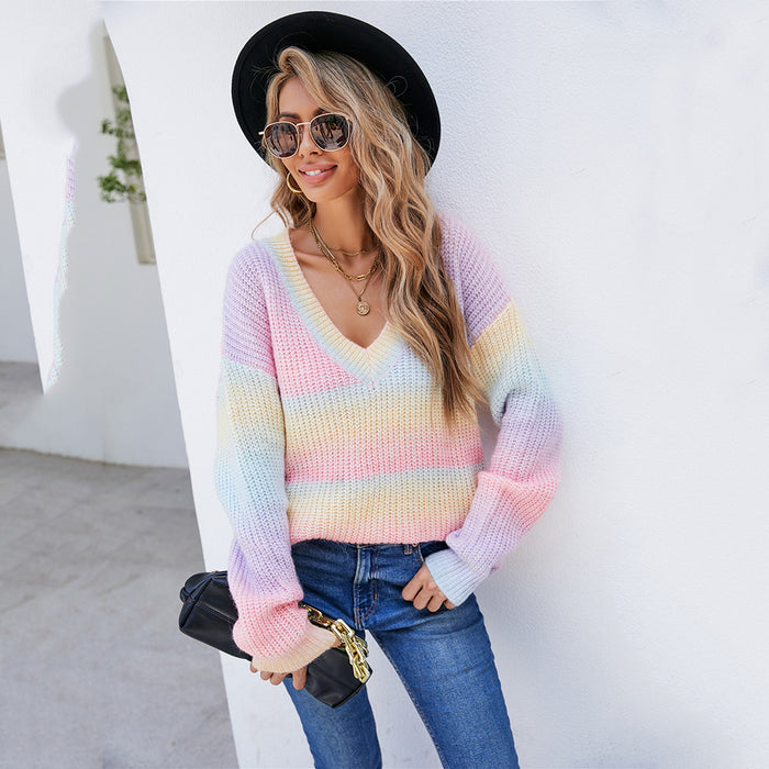 Autumn Winter Women Rainbow Stitching Tie Dyed V neck Pullover Personality Sweater Knitted