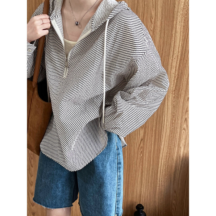 Idle Striped Casual Hooded Shirt Women Design Half Thin Coat with Zip Breathable Top