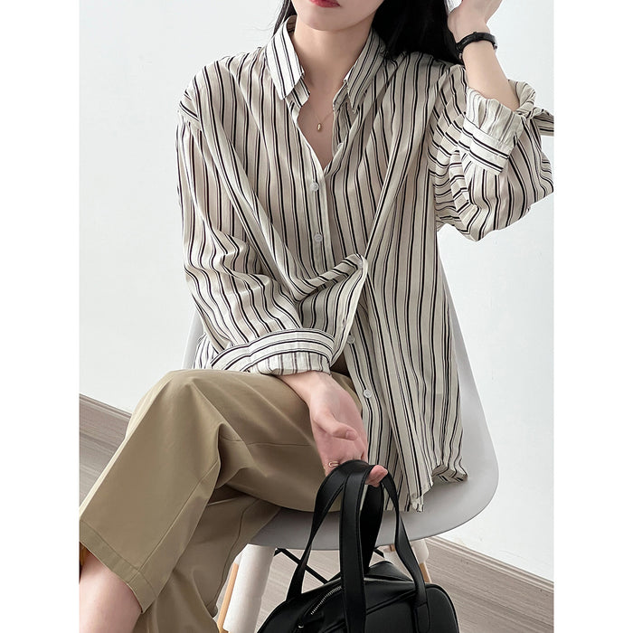 French Vertical Striped Shirt Women  Autumn Niche Long Sleeve Shirt