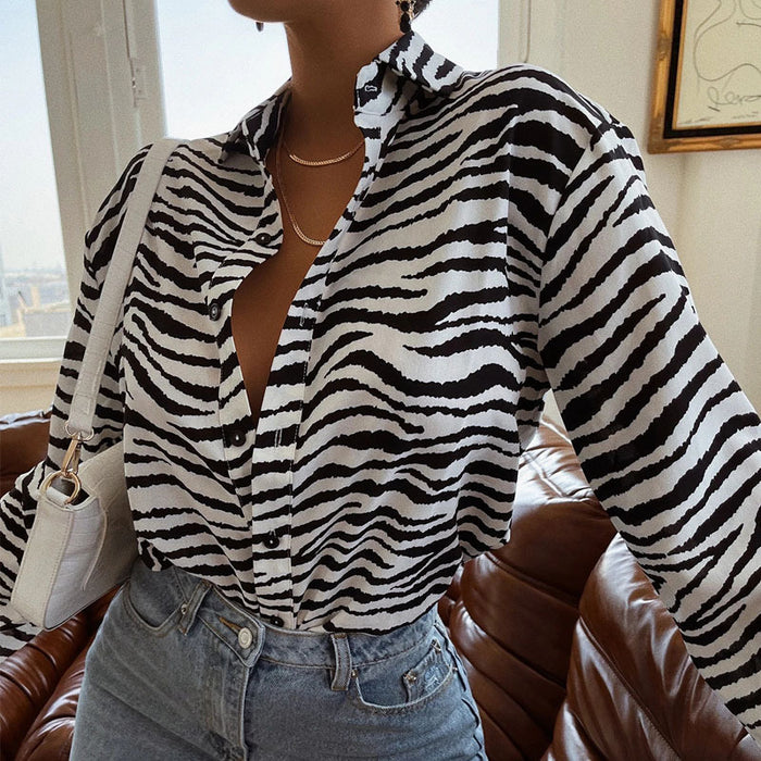 Women Clothing Shirt Wave Print Single-Breasted Long Sleeve Shirt Striped Printing Collared Cardigan