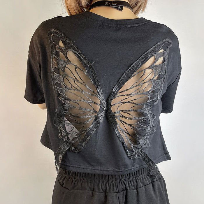 Black Lace Butterfly Exposed Cropped Short T-shirt Fashionable Loose   Hollow Out Cutout Short Sleeve Top