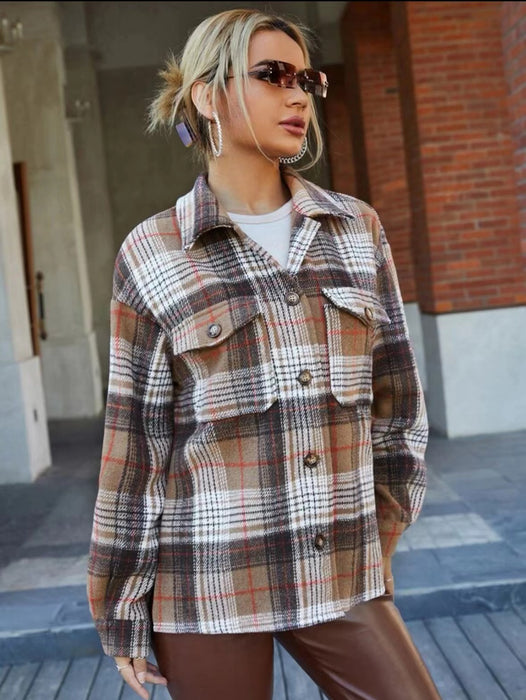 Autumn Winter Cardigan Casual Retro Plaid Collared Woolen Coat Women