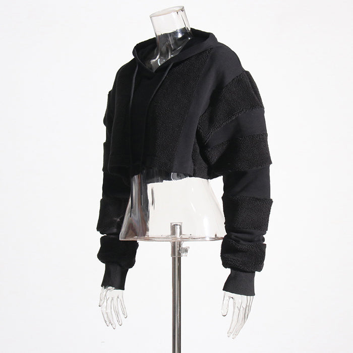 Casual Sweater Autumn Niche Design Lamb Wool Short Stitching Hooded Top for Women