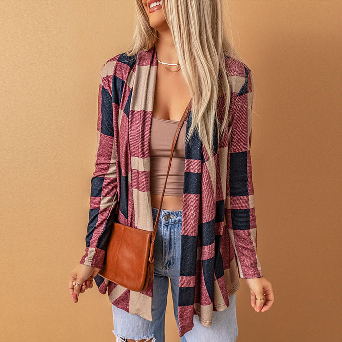 Plaid Tup Cardigan Women Autumn Loose Draped Cardigan A Line Coat Women