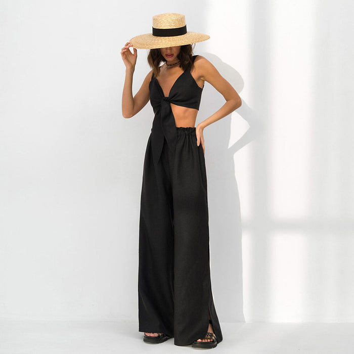 Sexy Bow Suspenders Vest Wide Leg Pants Two Piece Set Women Summer Vacation