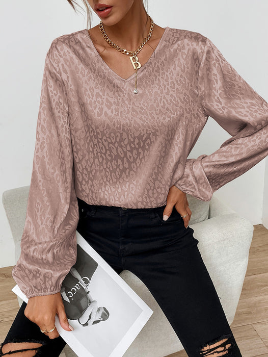 Spring V-neck Pullover Leopard-Print Shirt Women Artificial Silk Jacquard Long-Sleeved Shirt