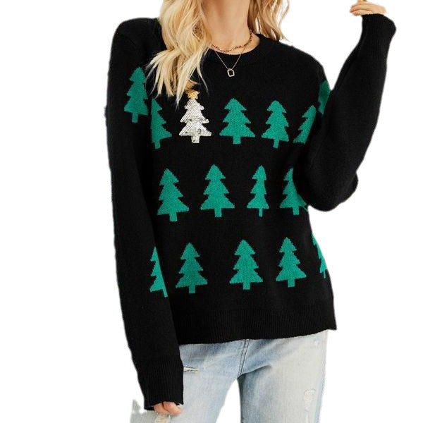 Christmas Tree Jacquard Christmas Sweater Women Casual Pullover Sweater