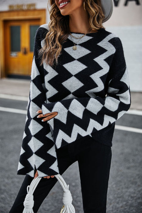 Autumn Winter Diamond Plaid Stitching Knitwear Sweater