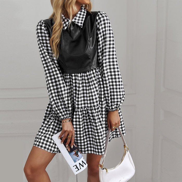 Plaid Dress Station Spring Summer False Two Piece Patchwork A line Dress