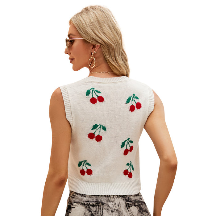 Sexy Short Sweater Cherry Jacquard Loose Fitting Sweater Outer Wear Bandage Dress Sleeveless Knitted Vest