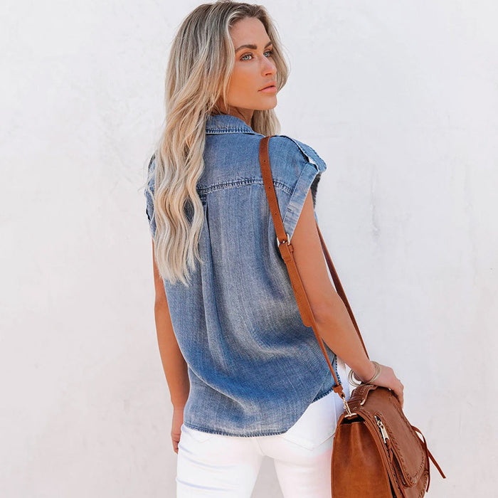 New  Sleeveless Denim Shirt Straight Pocket Loose  Top for Women