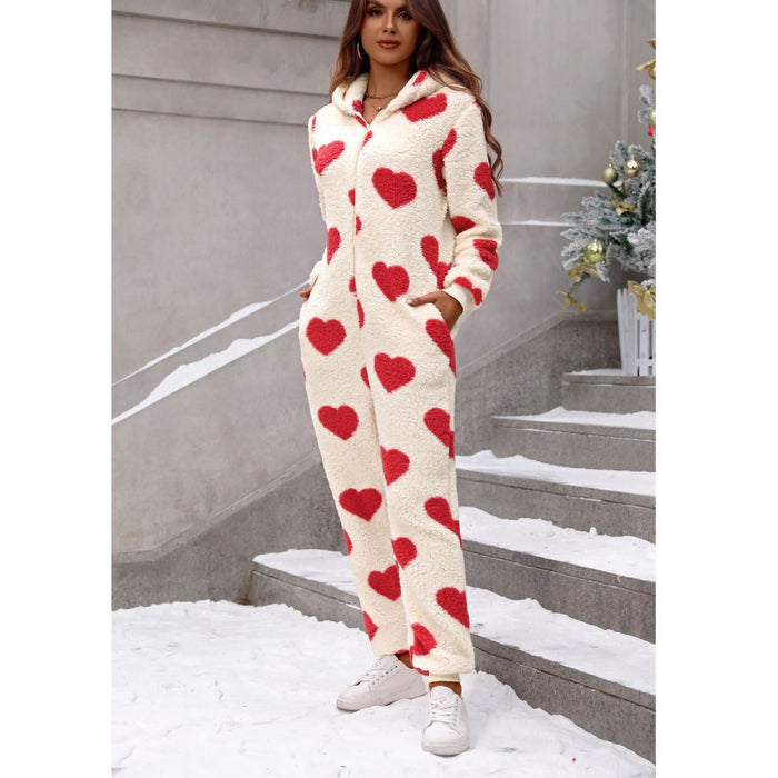 Women Clothing Autumn Winter Plush Loving Heart Printed Christmas Hooded Jumpsuit