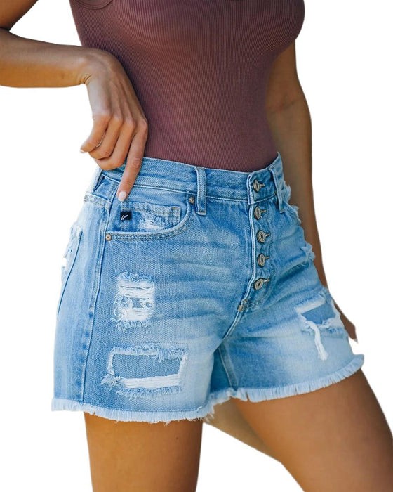 Summer Casual Denim Straight-Leg Pants High Waist Washed Women Denim Shorts