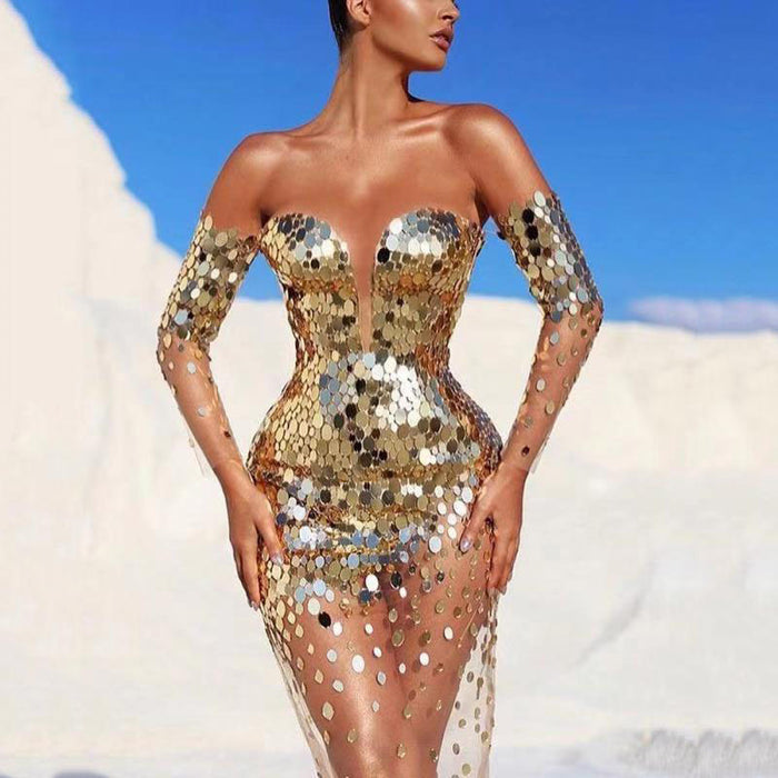 Summer Women Clothing Dress Sequined off Shoulder Sexy Mesh See through Long Evening Dress