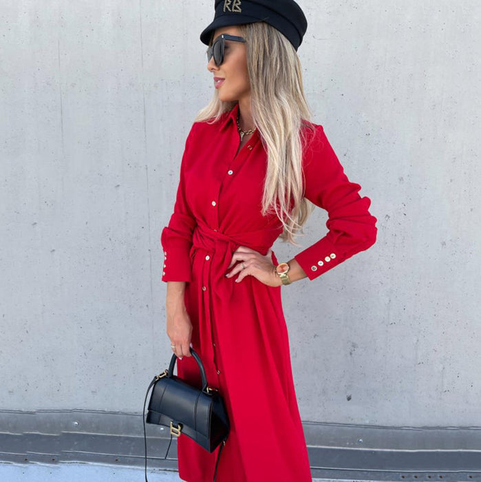 Women Autumn Winter Maxi Dress Solid Color Cardigan Long Sleeve Big Hem Dress