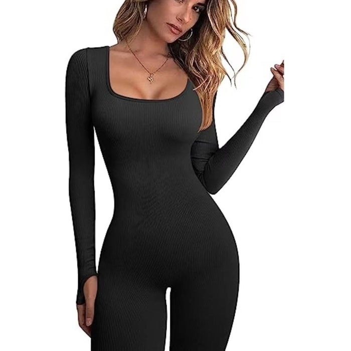 Women Jumpsuit Yoga Jumpsuit Workout Ribbed Long Sleeve Trousers Sports Jumpsuit