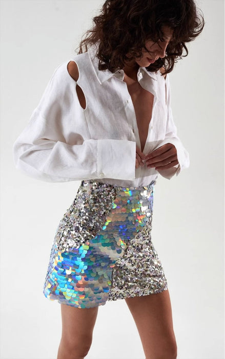 Sequined Skirt Women Autumn Niche Irregular Asymmetric Stitching A line High Waist Hip Skirt