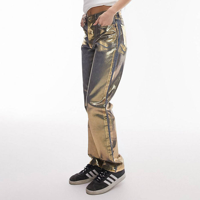 Metallic Coated Fabric Women Clothing Autumn Winter Street Bronzing Pocket Straight Denim Trousers