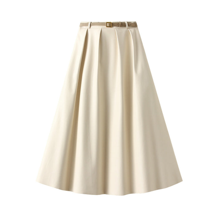 Retro Hong Kong Simple Graceful Faux Leather Skirt for Women High Waist Loose A line Big Hem Dress