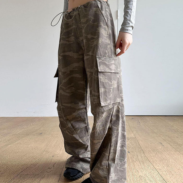 Summer Camouflage Contrast Color Low Waist Elastic Drawstring Pants Tooling Loose Pockets Casual Trousers