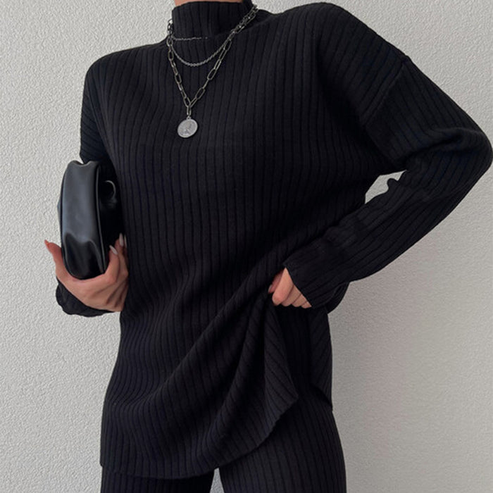 Two Piece Set Fashionable Casual Figure Flattering Half High Collar Long Sleeves Solid Color Knitting Women