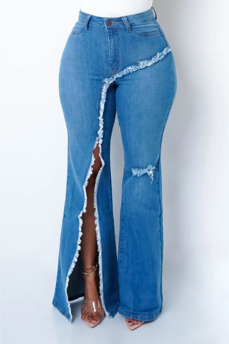 Elastic Ripped Bell-Bottom Pants Frayed Hem Split Sexy Jeans