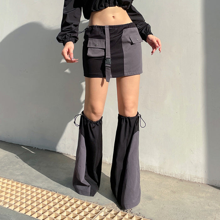 Mechanical Street Workwear Cool Pocket Stitching Skirt Personality Trendy Sexy Contrast Color Drawstring Leg Warmer Set