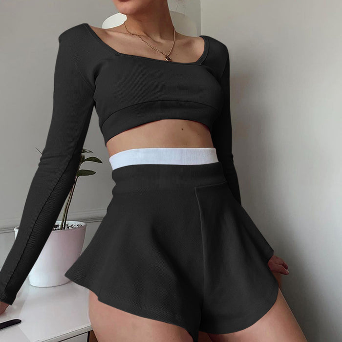 Sports Women Clothing Contrast Color Fit Top Sexy Culottes Suit