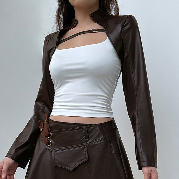 Shawl Leather Blouse Women Brown Personality Ultra Short Outerwear Coat Cardigan Short Jacket