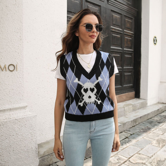 Skull Jacquard Rhombus Vest Sweater Vest Women Autumn Winter Knitwear Halloween