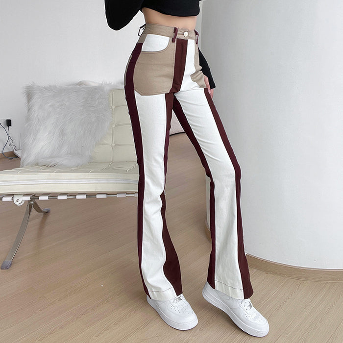 Straight Leg Pants Women Autumn Personal Casual Colorblock All Matching Distressed High Waist Jeans