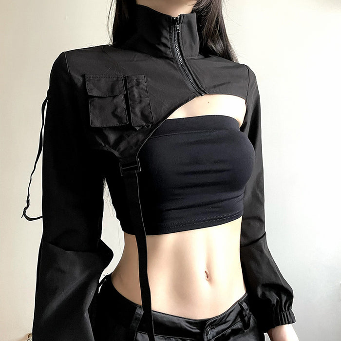 Personality Mechanical Irregular Asymmetric Overalls Women Sexy Short Zipper Streamer Long Sleeve Jacket Blouse Autumn