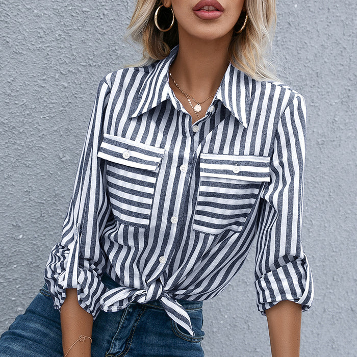 Autumn Winter Vertical Striped Double Pocket Slimming Single Breasted Shirt Women Clothing