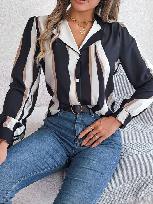 Autumn Winter Casual Contrast Color Striped Suit Collar Long Sleeve Shirt Women