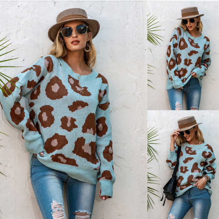 Leopard Print round Neck Sweater Autumn Winter Loose Pullover