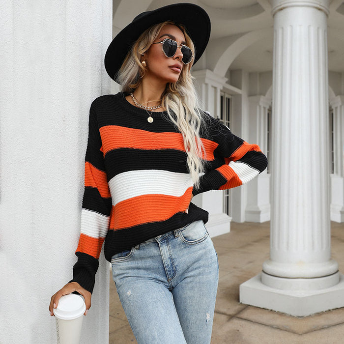 Sweater Trendy Thin Long Sleeve Loose Striped Sweater for Women