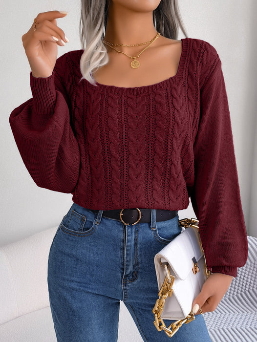 Autumn Winter Casual Square Collar Twist Lantern Sleeve Pullover Sweater Women Clothing