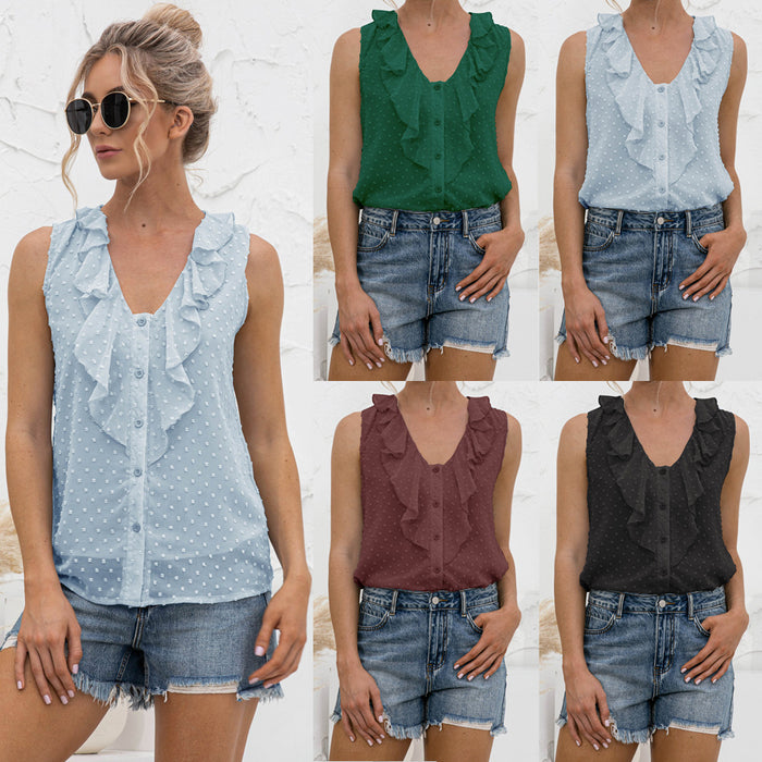 Spring Summer Sexy V-neck Ruffled Spaghetti Straps Button Shirt