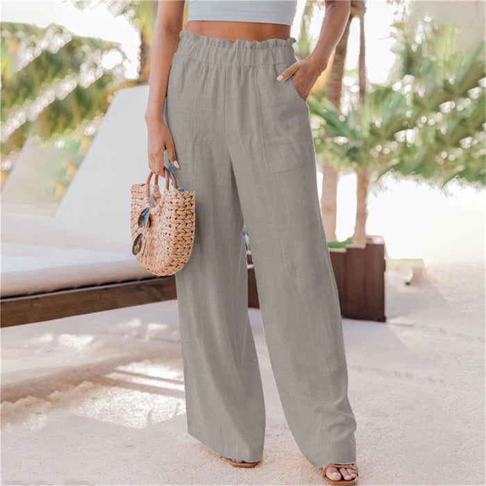 Summer Women Clothing Casual Pants Ruffles Patch Pocket Wide Leg Pants Women Pants