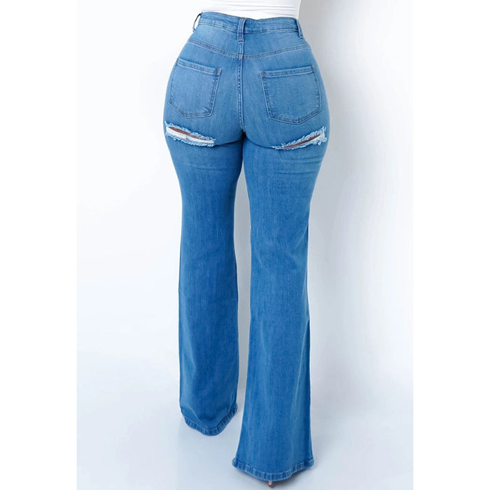 Split Jeans Women Blue Color Worn Trendy High Waist Loose Bootcut Trousers