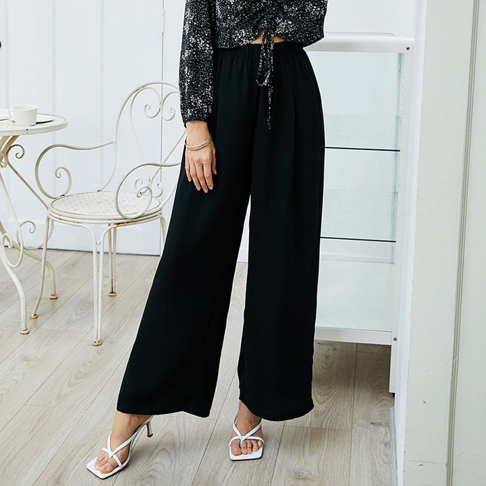 Summer Drooping Wide-Leg Pants Women Wear with Elastic High Waist Slimming Loose Casual Pants Simple Trousers