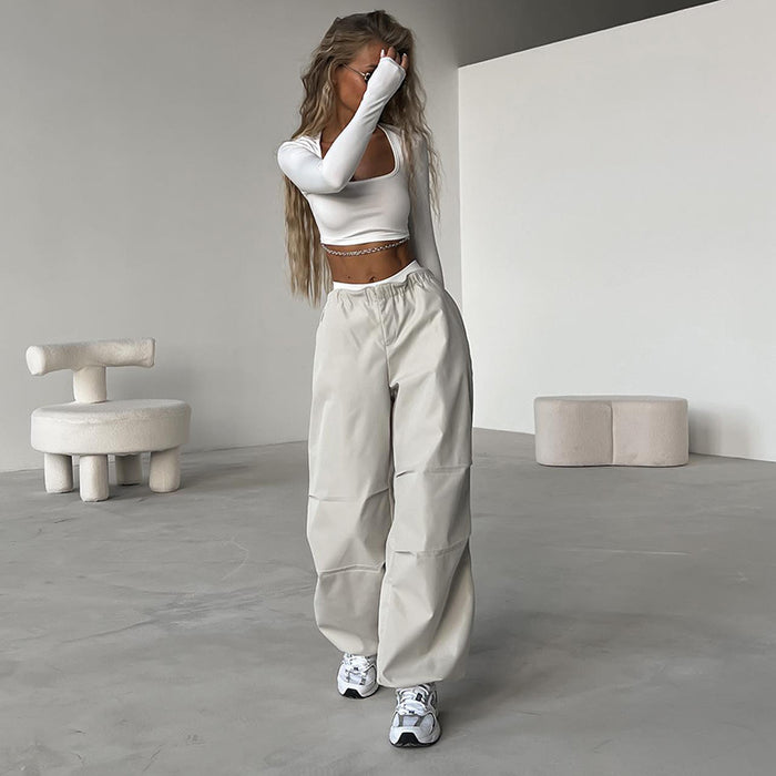 High Waist Drawstring Straight Simple Overalls Summer Street Solid Color All Matching Casual Trousers