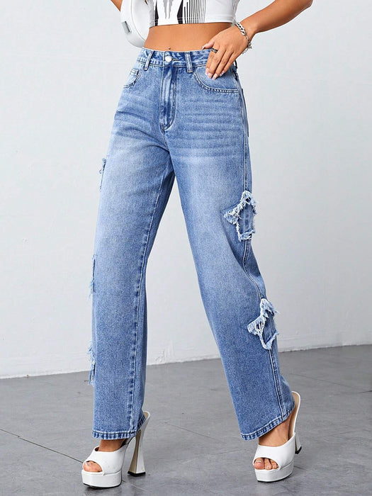 Worn Jeans for Women Irregular Asymmetric XINGX High Waist Straight-Leg Pants Washed Jeans