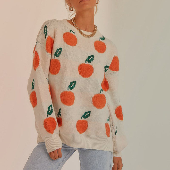 Autumn Winter Casual Loose Orange Pattern round Neck Long Sleeve Knitted Pullover Sweater Women